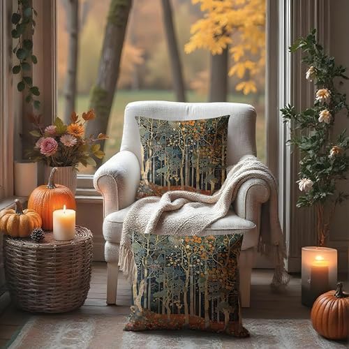BUJSP Rustic Autumn Forest Pillow Covers 18x18 Set of 2, Fall Home Room Decor, Vintage Botanical Nature William Morris Inspired Decorative Throw Pillow Covers for Home Bedroom Living Room - Image 3