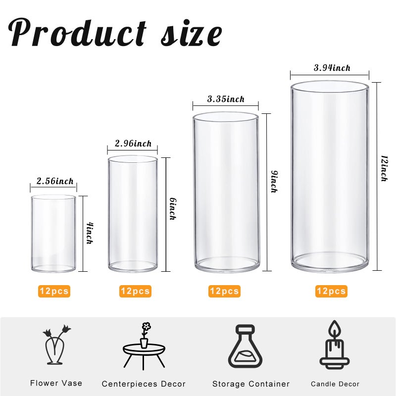 HomJoy 48 Pack Thick Glass Cylinder Vases 4,6,9,12 Inch Tall Clear Flower Vase Hurricane Floating Candle Holder for Table Centerpiece Wedding Home Decor - Image 2