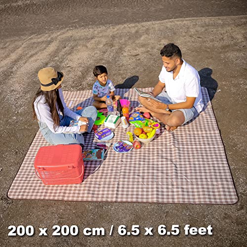 HOKIPO Large Foldable Waterproof And Sandproof Square Picnic Mat Blanket For Beach, Garden, Camping, 6.5X6.5 Feet, Checks Brown (Ar3921) - Image 2