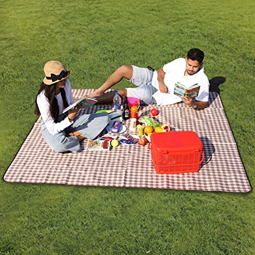 HOKIPO Large Foldable Waterproof And Sandproof Square Picnic Mat Blanket For Beach, Garden, Camping, 6.5X6.5 Feet, Checks Brown (Ar3921) - Image 1