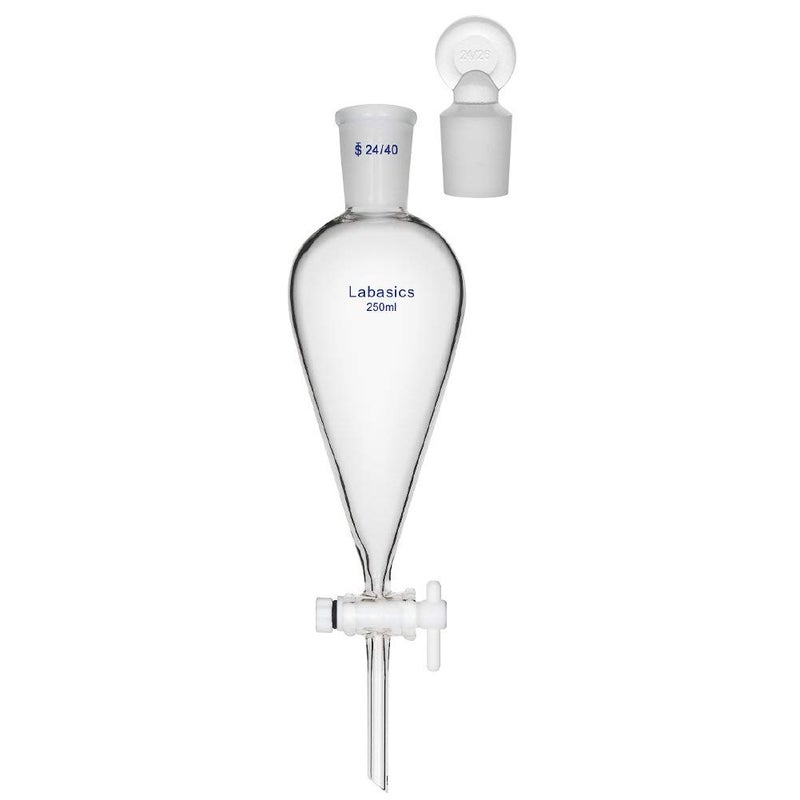 Labasics Borosilicate Glass 250ml Conical Separatory Funnel with PTFE Stopcock, 250mL - Image 1