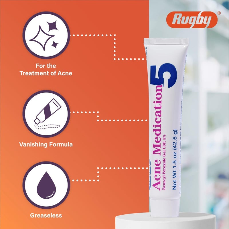 Rugby Acne Medication - Benzoyl Peroxide Gel USP 5% - Vanishing Formula - Greaseless - Helps to Clear Up Acne Pimples - 1.5 Oz. (3 Pack) - Image 3