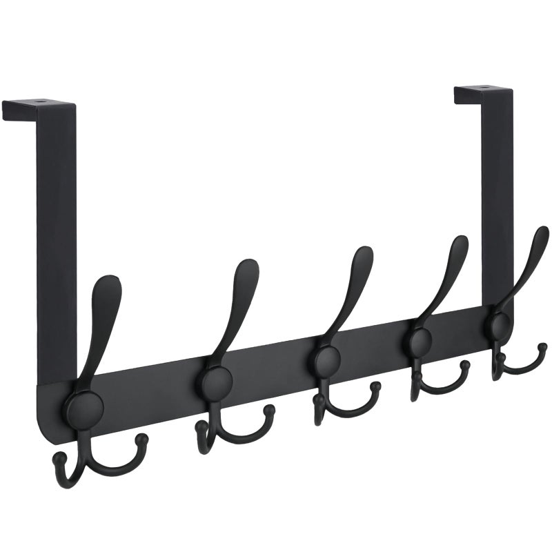 TICONN Over The Door Hooks, 5 Heavy Duty Tri Coat Rack All Metal Coat Hanger for Bathroom Bedroom Dorm (Matte Black, 1PK, Fit 1-3/8" Doors) - Image 1