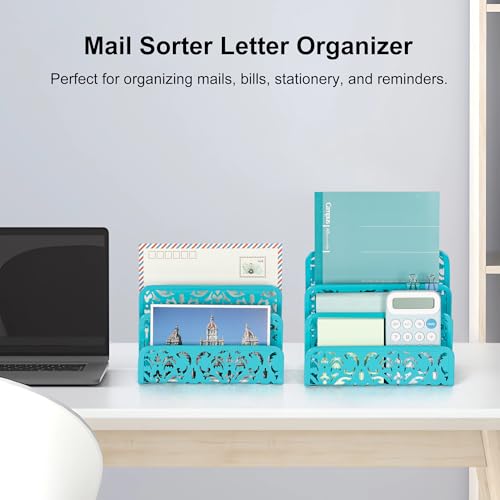 EasyPAG Mail Organizer Countertop 2pc Desk Mail Sorter for Envelope 3-Slot Vertical Letter Holder for Office, Home, School, Dark Teal - Image 3