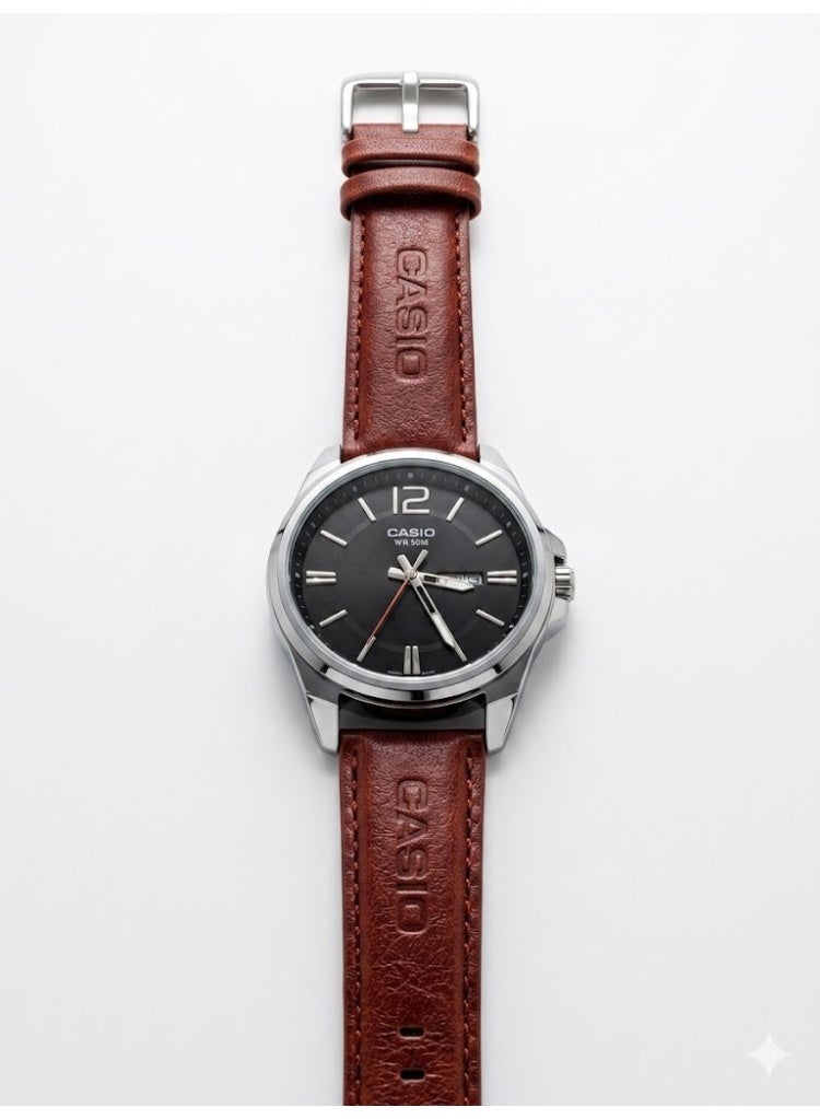Casio Men's Enticer Analog Watch - Black Dial & Brown Leather Band
