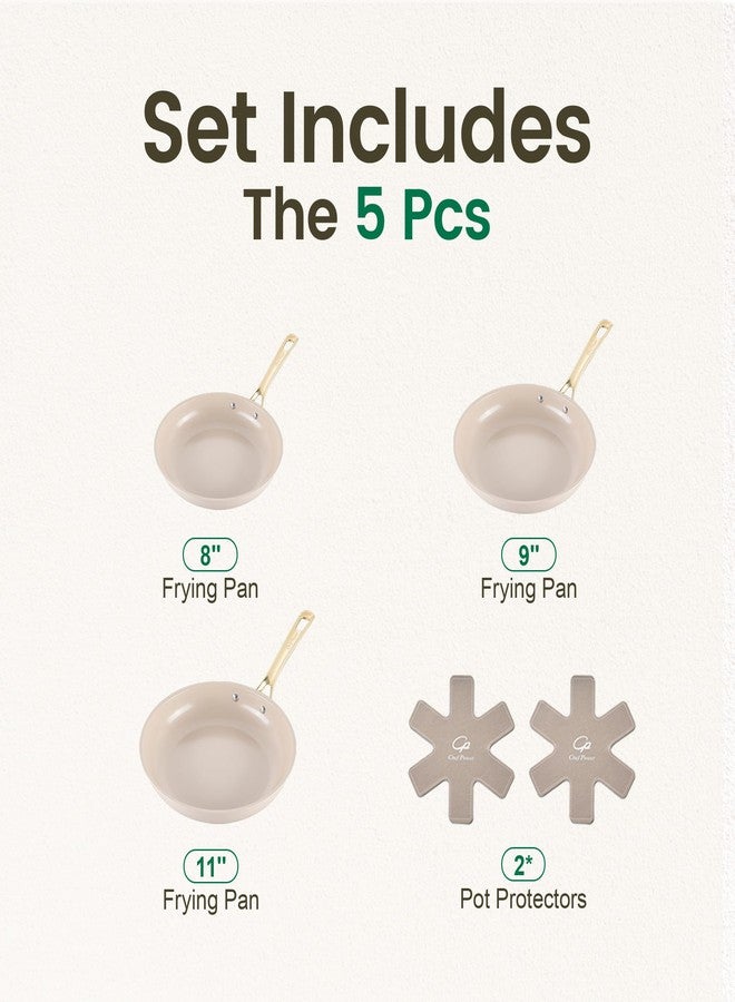 Chef Power Ceramic Frying Pan with Stainless Steel Handle 5Pcs Set, Non Stick Grill Pan Set, Dishwasher and Oven Safe, Taupe and Light Gold Handle - Image 2