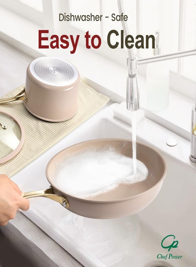 Chef Power Ceramic Frying Pan with Stainless Steel Handle 5Pcs Set, Non Stick Grill Pan Set, Dishwasher and Oven Safe, Taupe and Light Gold Handle - Image 4