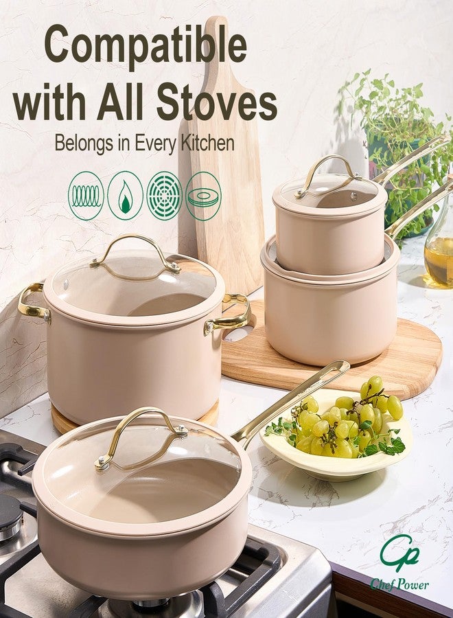 Chef Power Ceramic Frying Pan with Stainless Steel Handle 5Pcs Set, Non Stick Grill Pan Set, Dishwasher and Oven Safe, Taupe and Light Gold Handle - Image 5