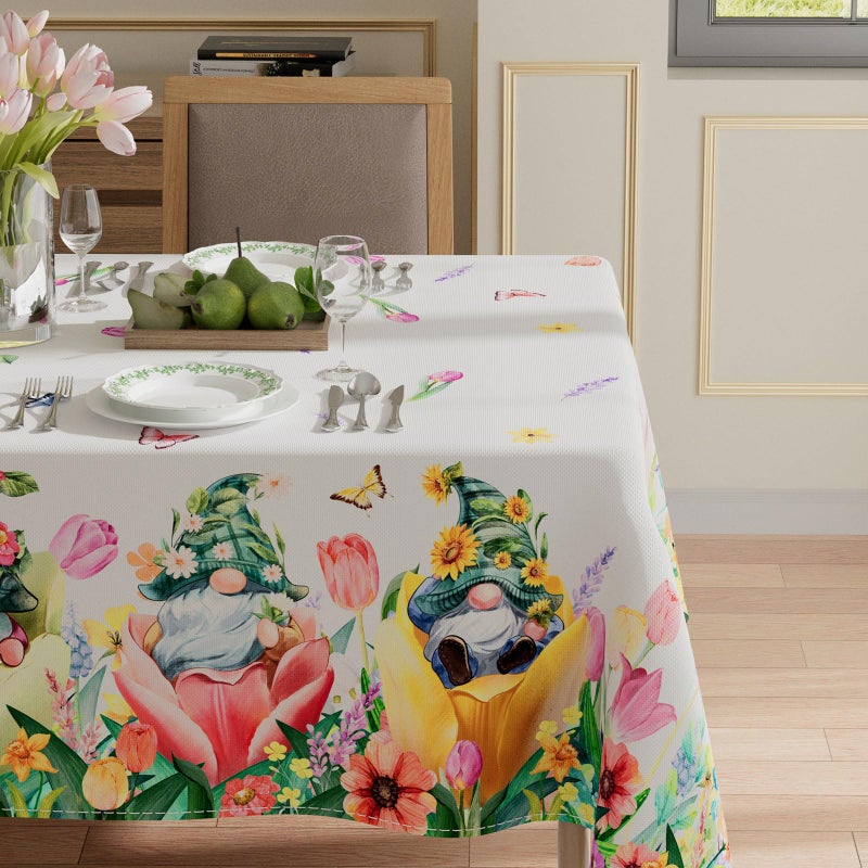 XCHI Tulips Gnomes Flowers Spring Tablecloth Rectangle Summer Table Cloth Washable Table Covers for Indoor Dining Home Party Decorations 60x84 Inch - Image 2