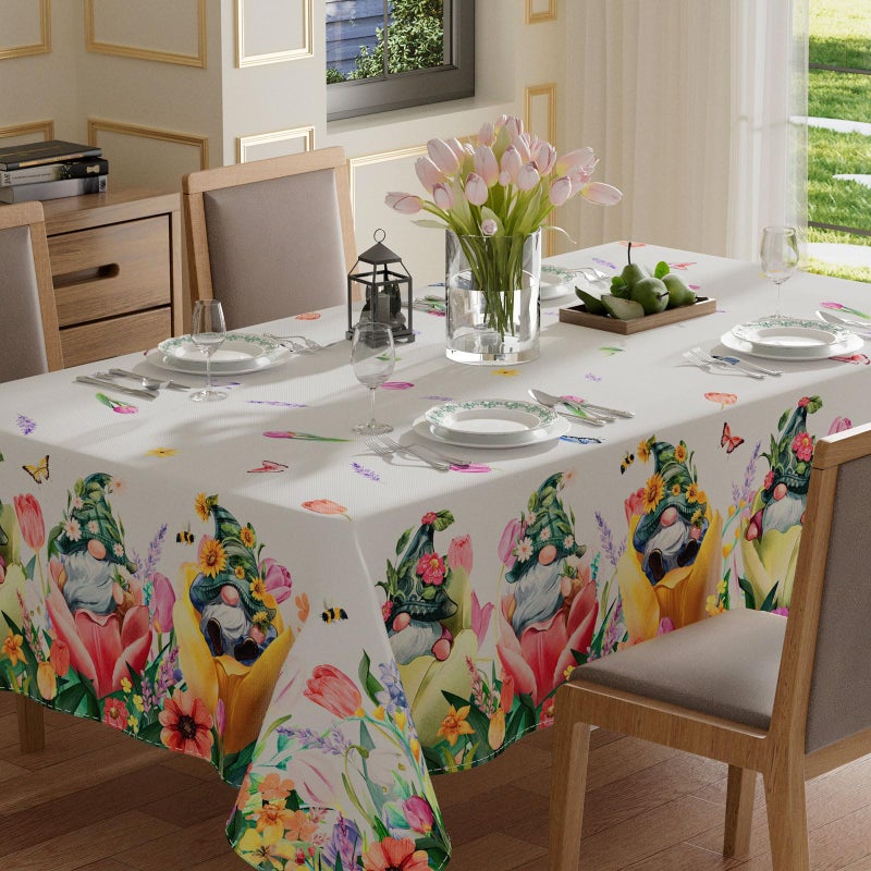 XCHI Tulips Gnomes Flowers Spring Tablecloth Rectangle Summer Table Cloth Washable Table Covers for Indoor Dining Home Party Decorations 60x84 Inch - Image 1