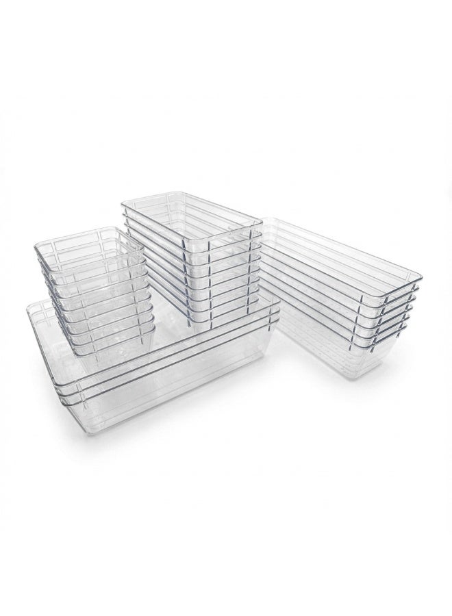 Beram 25PCS Clear Drawer Organizer Set – Transparent PET Storage Bins with Non-Slip Base, Includes 8 Small, 8 Medium, 6 Large & 3 XL Sizes, Stackable Multi-Purpose Containers for Makeup, Kitchen, Office & Bathroom - Image 1