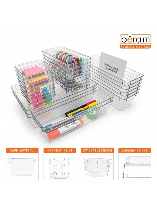 Beram 25PCS Clear Drawer Organizer Set – Transparent PET Storage Bins with Non-Slip Base, Includes 8 Small, 8 Medium, 6 Large & 3 XL Sizes, Stackable Multi-Purpose Containers for Makeup, Kitchen, Office & Bathroom - Image 5