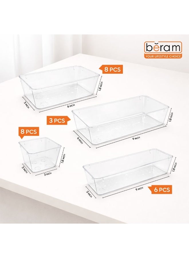 Beram 25PCS Clear Drawer Organizer Set – Transparent PET Storage Bins with Non-Slip Base, Includes 8 Small, 8 Medium, 6 Large & 3 XL Sizes, Stackable Multi-Purpose Containers for Makeup, Kitchen, Office & Bathroom - Image 2