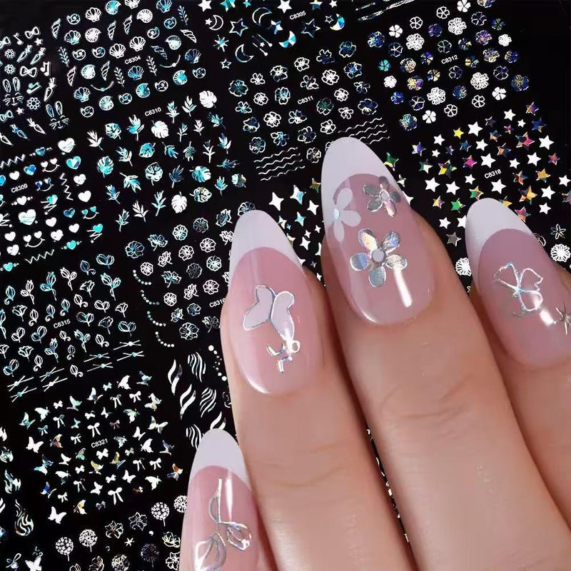 SPLOCUDU 30 Sheets Aurora Flower Nail Art Stickers 3D Self Adhesive Flower Nail Stickers Aurora Moon Star Nail Decals Leaf Heart Nails Art Supplies Charms for Women Manicure Tips Decoration - Image 3