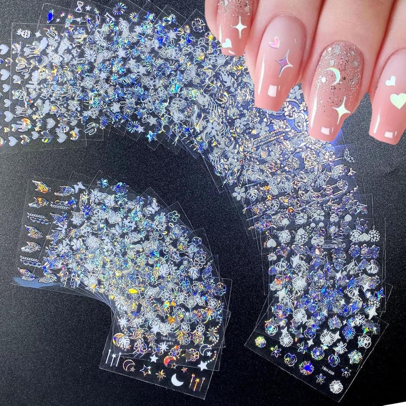 SPLOCUDU 30 Sheets Aurora Flower Nail Art Stickers 3D Self Adhesive Flower Nail Stickers Aurora Moon Star Nail Decals Leaf Heart Nails Art Supplies Charms for Women Manicure Tips Decoration - Image 1