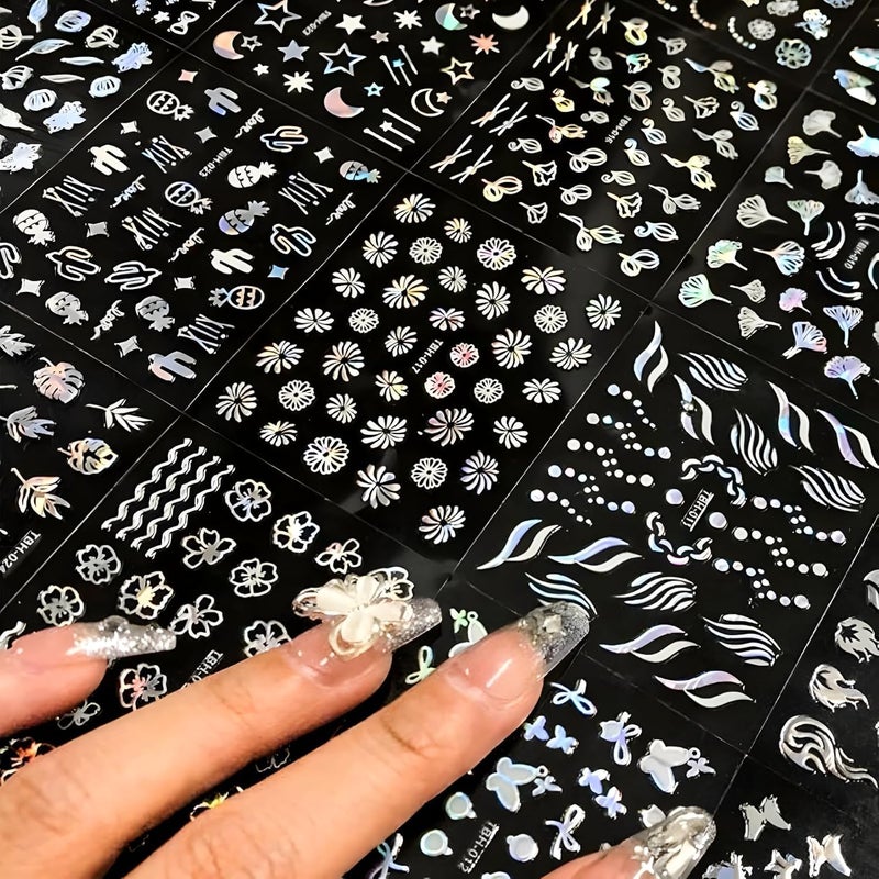 SPLOCUDU 30 Sheets Aurora Flower Nail Art Stickers 3D Self Adhesive Flower Nail Stickers Aurora Moon Star Nail Decals Leaf Heart Nails Art Supplies Charms for Women Manicure Tips Decoration - Image 5