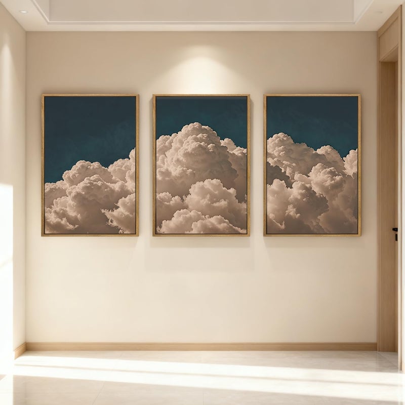 IARTTOP Large Cloud Canvas Wall Art Framed 16x24 Inch Navy Blue Cloud Painting Set of 3 Modern Abstract Sky Landscape Wall Decor For Living Room Bedroom Office - Image 4