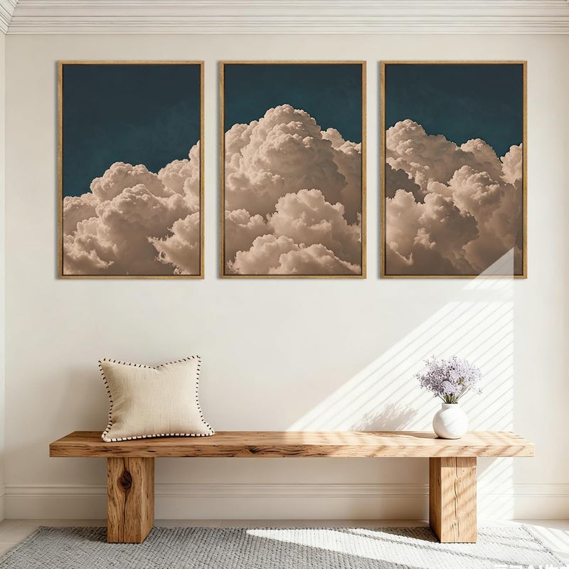IARTTOP Large Cloud Canvas Wall Art Framed 16x24 Inch Navy Blue Cloud Painting Set of 3 Modern Abstract Sky Landscape Wall Decor For Living Room Bedroom Office - Image 3