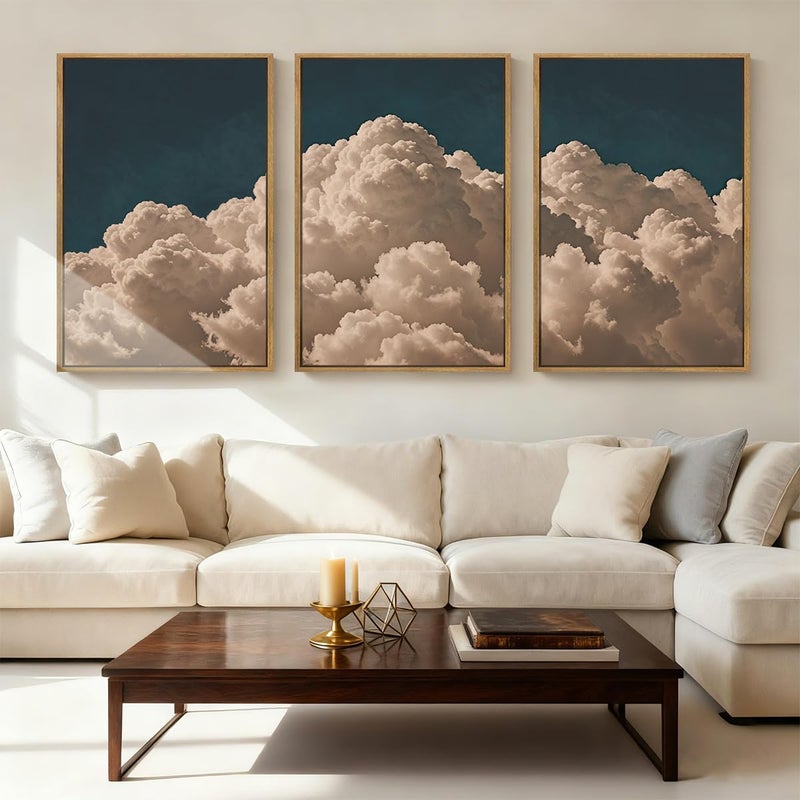IARTTOP Large Cloud Canvas Wall Art Framed 16x24 Inch Navy Blue Cloud Painting Set of 3 Modern Abstract Sky Landscape Wall Decor For Living Room Bedroom Office - Image 1