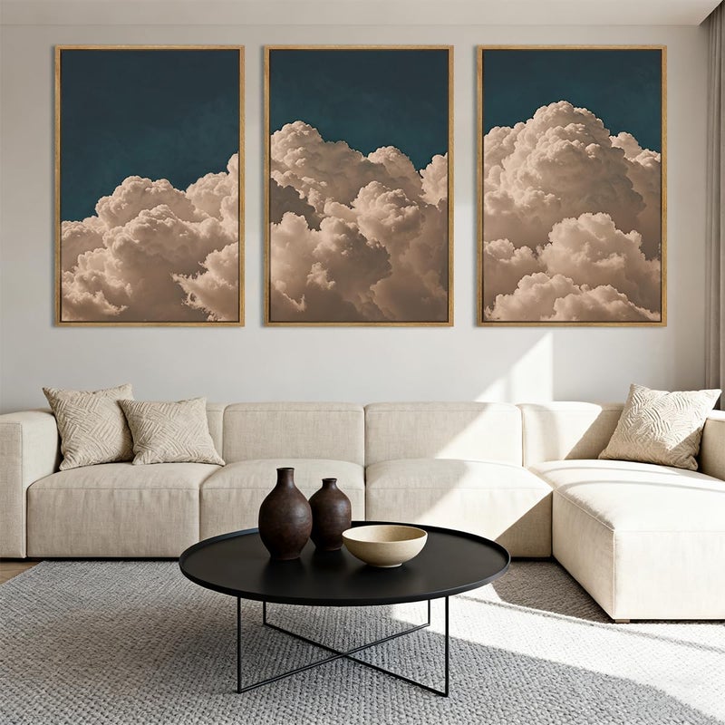 IARTTOP Large Cloud Canvas Wall Art Framed 16x24 Inch Navy Blue Cloud Painting Set of 3 Modern Abstract Sky Landscape Wall Decor For Living Room Bedroom Office - Image 5