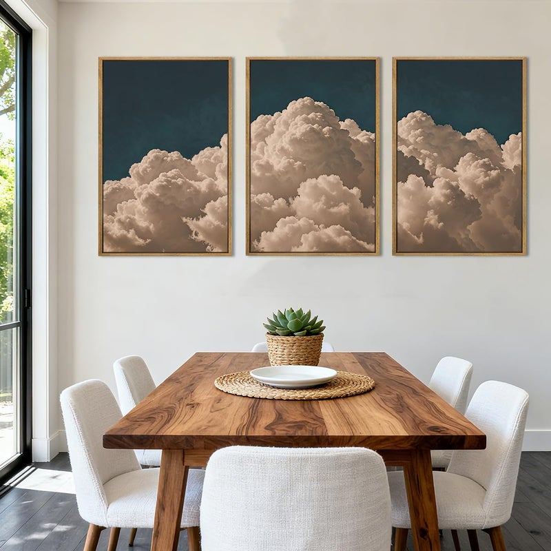 IARTTOP Large Cloud Canvas Wall Art Framed 16x24 Inch Navy Blue Cloud Painting Set of 3 Modern Abstract Sky Landscape Wall Decor For Living Room Bedroom Office - Image 2