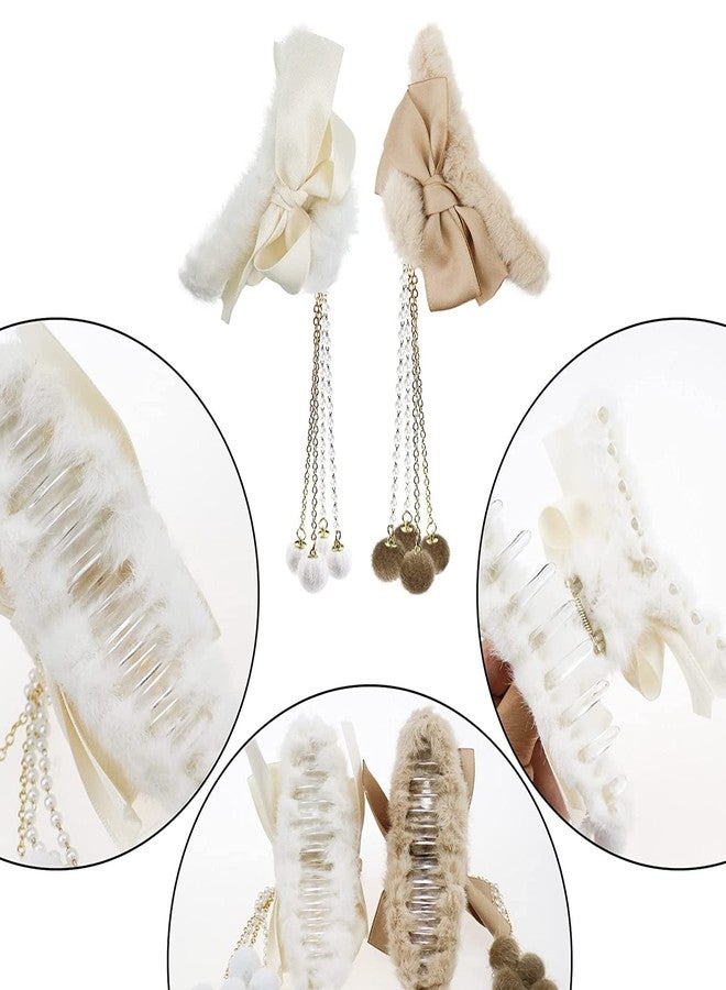 HONEYBUNNY PACK Of 2 Furry Big Bow Hair Clips With Pearl Pendant Clamp Nonslip Hair Claw Hair Accessories For Women Girls For Thinner Thick Hair Styling Fashion,Multicolor - Image 4