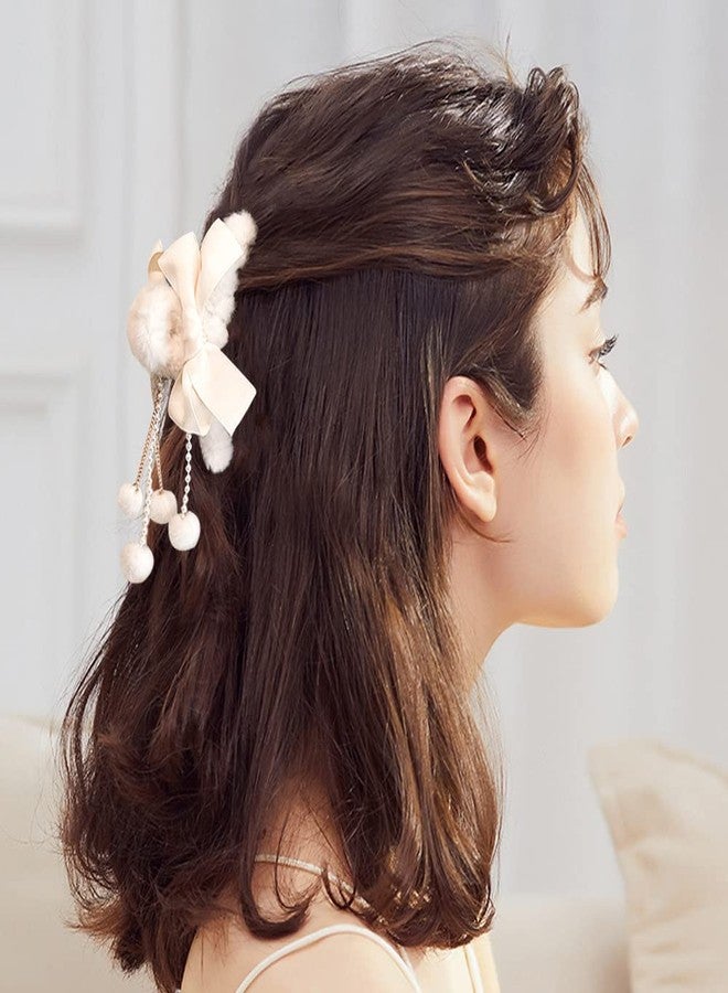 HONEYBUNNY PACK Of 2 Furry Big Bow Hair Clips With Pearl Pendant Clamp Nonslip Hair Claw Hair Accessories For Women Girls For Thinner Thick Hair Styling Fashion,Multicolor - Image 2