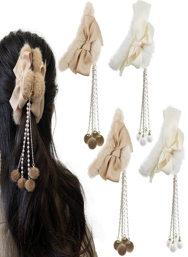 HONEYBUNNY PACK Of 2 Furry Big Bow Hair Clips With Pearl Pendant Clamp Nonslip Hair Claw Hair Accessories For Women Girls For Thinner Thick Hair Styling Fashion,Multicolor - Image 1