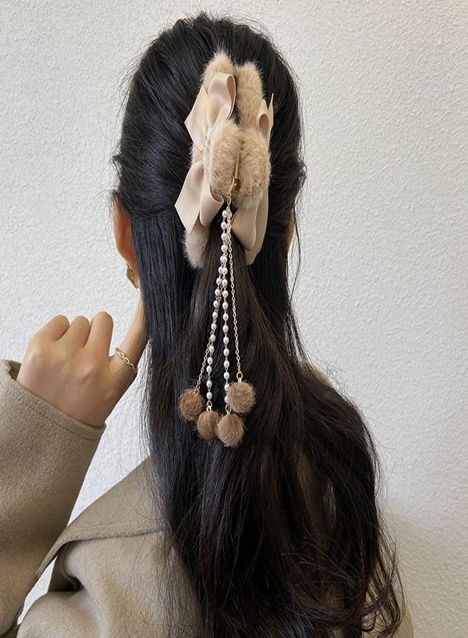 HONEYBUNNY PACK Of 2 Furry Big Bow Hair Clips With Pearl Pendant Clamp Nonslip Hair Claw Hair Accessories For Women Girls For Thinner Thick Hair Styling Fashion,Multicolor - Image 3