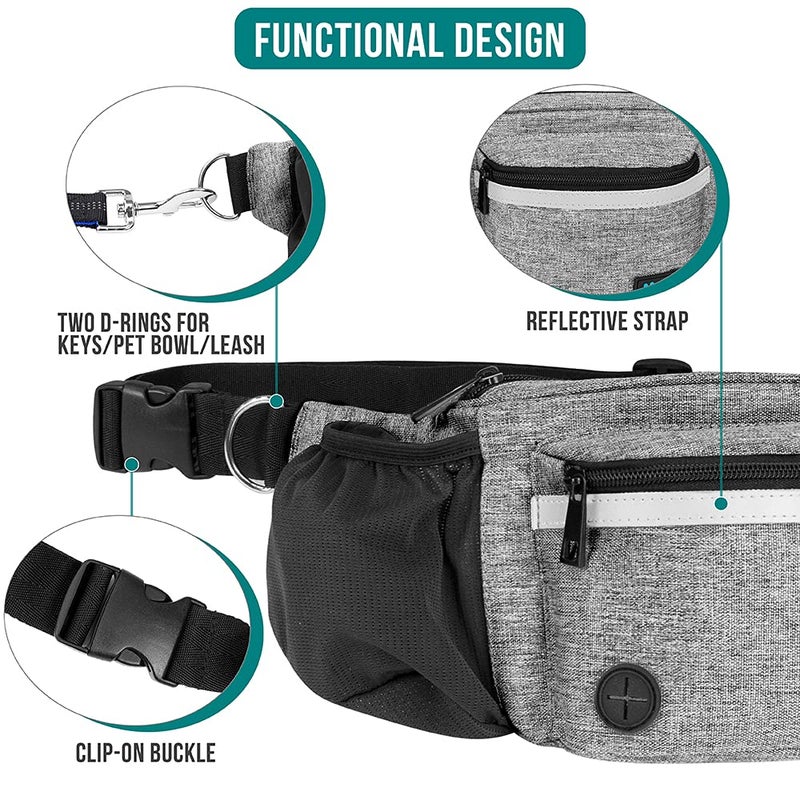 PetAmi Dog Fanny Pack, Treat Pouch for Dog Walking, Training, Built in Poop Bag Dispenser, Water Bottle Holder, Collapsible Bowl, Pet Treat Waist Belt for Hiking, Running, Kibbles (Grey) - Image 4