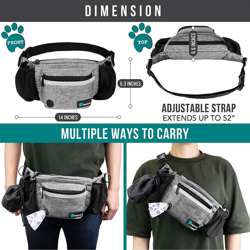 PetAmi Dog Fanny Pack, Treat Pouch for Dog Walking, Training, Built in Poop Bag Dispenser, Water Bottle Holder, Collapsible Bowl, Pet Treat Waist Belt for Hiking, Running, Kibbles (Grey) - Image 5