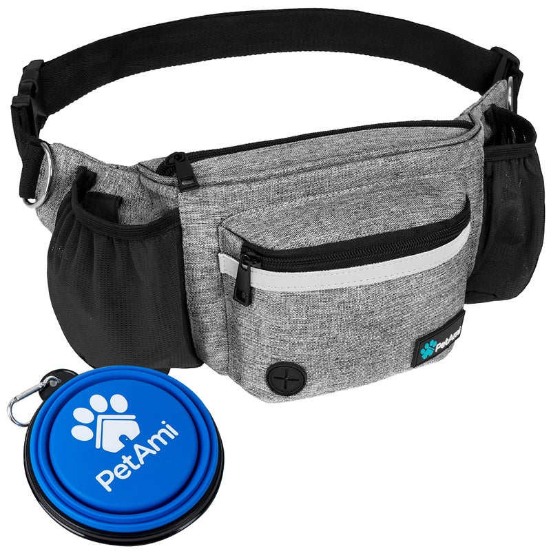 PetAmi Dog Fanny Pack, Treat Pouch for Dog Walking, Training, Built in Poop Bag Dispenser, Water Bottle Holder, Collapsible Bowl, Pet Treat Waist Belt for Hiking, Running, Kibbles (Grey) - Image 1
