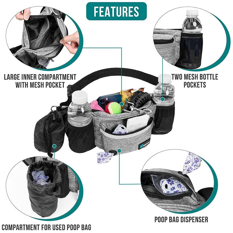 PetAmi Dog Fanny Pack, Treat Pouch for Dog Walking, Training, Built in Poop Bag Dispenser, Water Bottle Holder, Collapsible Bowl, Pet Treat Waist Belt for Hiking, Running, Kibbles (Grey) - Image 3