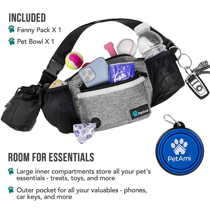 PetAmi Dog Fanny Pack, Treat Pouch for Dog Walking, Training, Built in Poop Bag Dispenser, Water Bottle Holder, Collapsible Bowl, Pet Treat Waist Belt for Hiking, Running, Kibbles (Grey) - Image 2