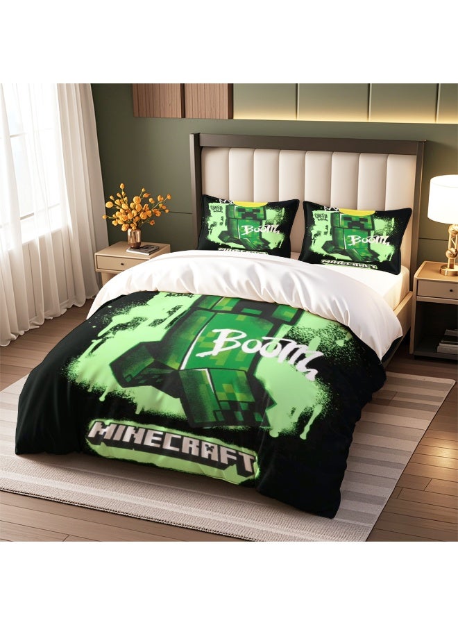 ماين كرافت طقم مفروشات بنمط إبداعي من ثلاث قطع مع ملاءات بوليستر ناعمة من الألياف الدقيقة ، بما في ذلك غطاء لحاف وغطاء وسادة (غطاء لحاف مقاس 150 سم × 200 سم) - Image 2