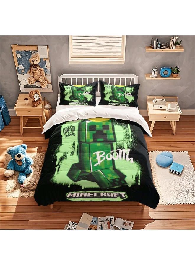 ماين كرافت طقم مفروشات بنمط إبداعي من ثلاث قطع مع ملاءات بوليستر ناعمة من الألياف الدقيقة ، بما في ذلك غطاء لحاف وغطاء وسادة (غطاء لحاف مقاس 150 سم × 200 سم) - Image 1