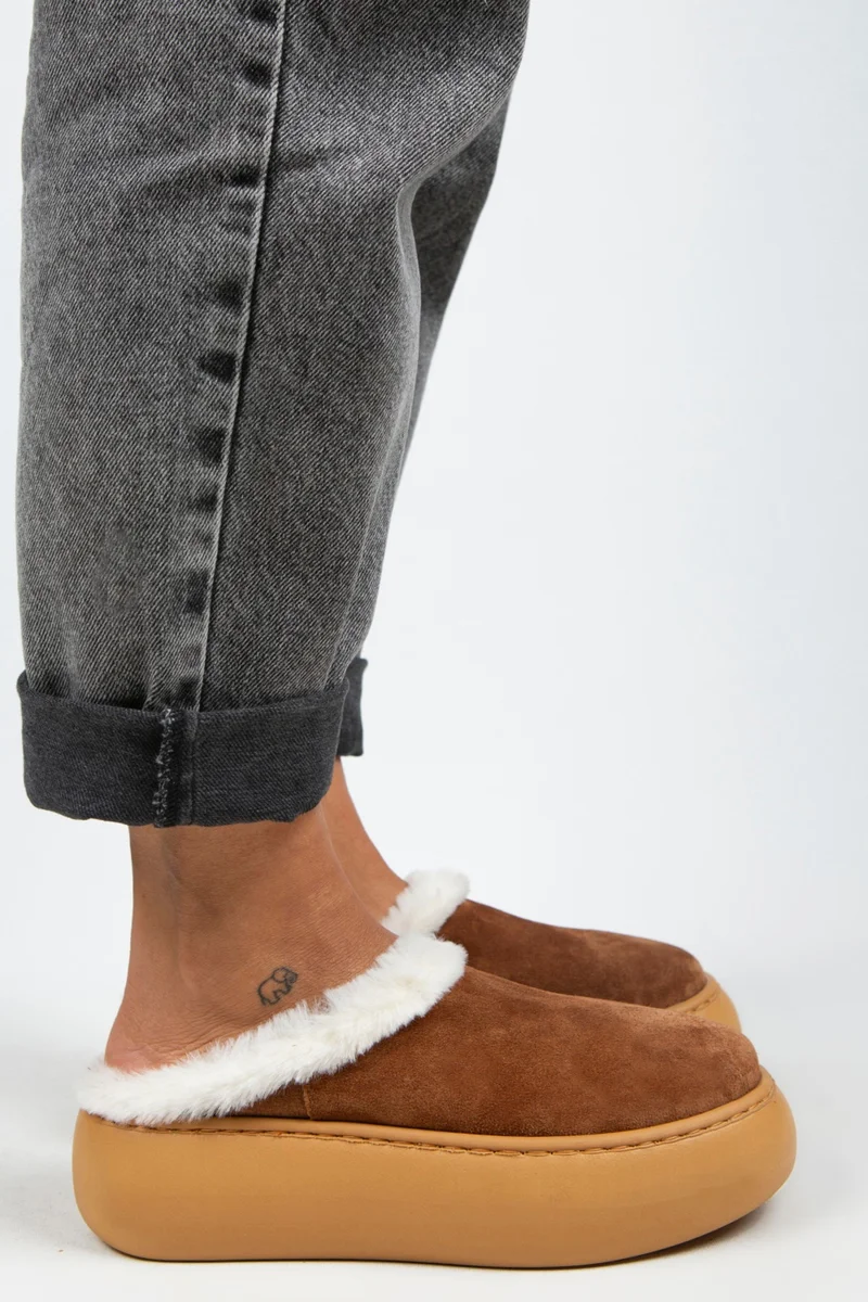 Manijero Manijero Miranda Women's Genuine Leather Flat Slippers with Fur Lining in Tan