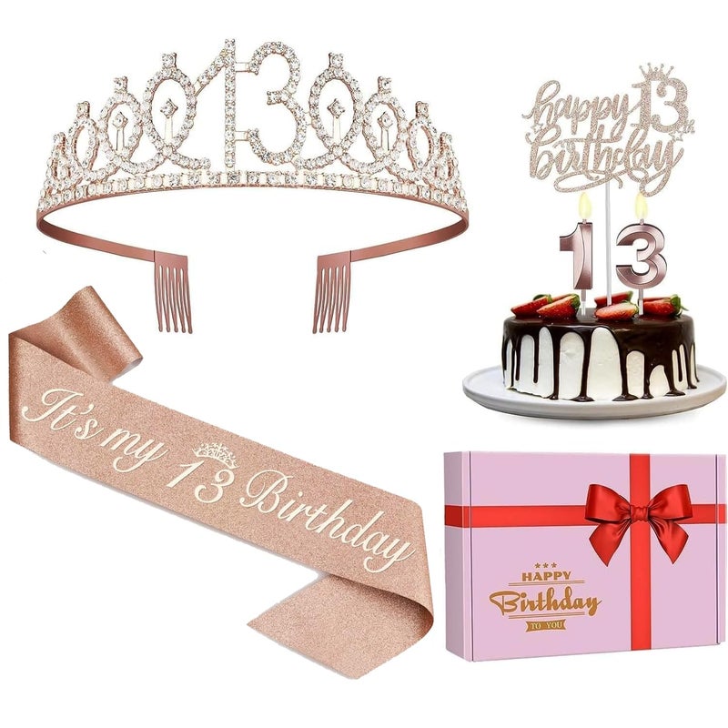 13th Birthday Decorations for Girls Including Sash CrownTiara Candles and Cake Topper Rose Gold Teen Girl Gifts for 13 Year Old Birthday Decorations