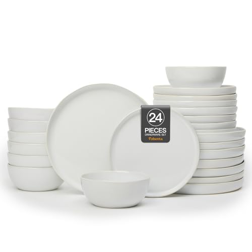 FOBENTA FOBENT Minimalist Dinnerware Set,24 Piece Fog White Plates and Bowls Set for 8 – Sculpted Ceramic Dish Sets for Gatherings with Grace - Image 1
