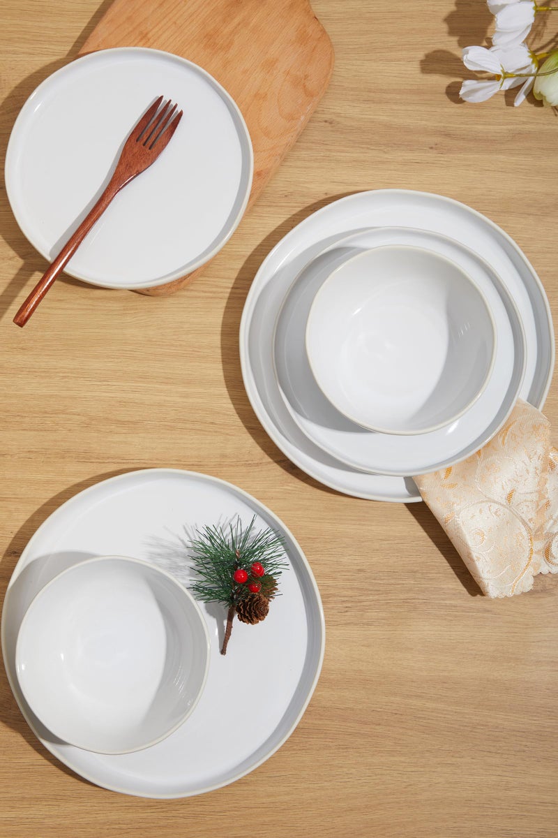 FOBENTA FOBENT Minimalist Dinnerware Set,24 Piece Fog White Plates and Bowls Set for 8 – Sculpted Ceramic Dish Sets for Gatherings with Grace - Image 4
