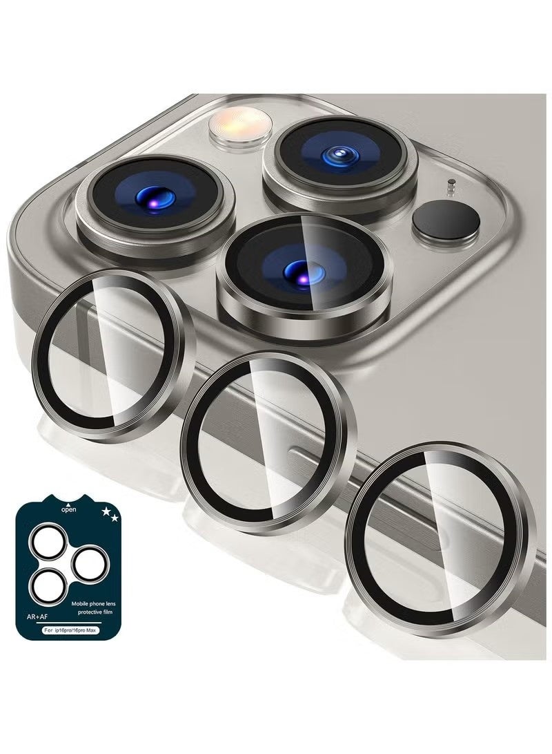 واقي عدسة كاميرا iPhone 16 Pro / iPhone 16 Pro Max من التيتانيوم الطبيعي، واقي عدسة AR للتركيب التلقائي، زجاج مقسّى 9H، حلقة معدنية فردية AR + AF - تيتانيوم طبيعي - Image 1