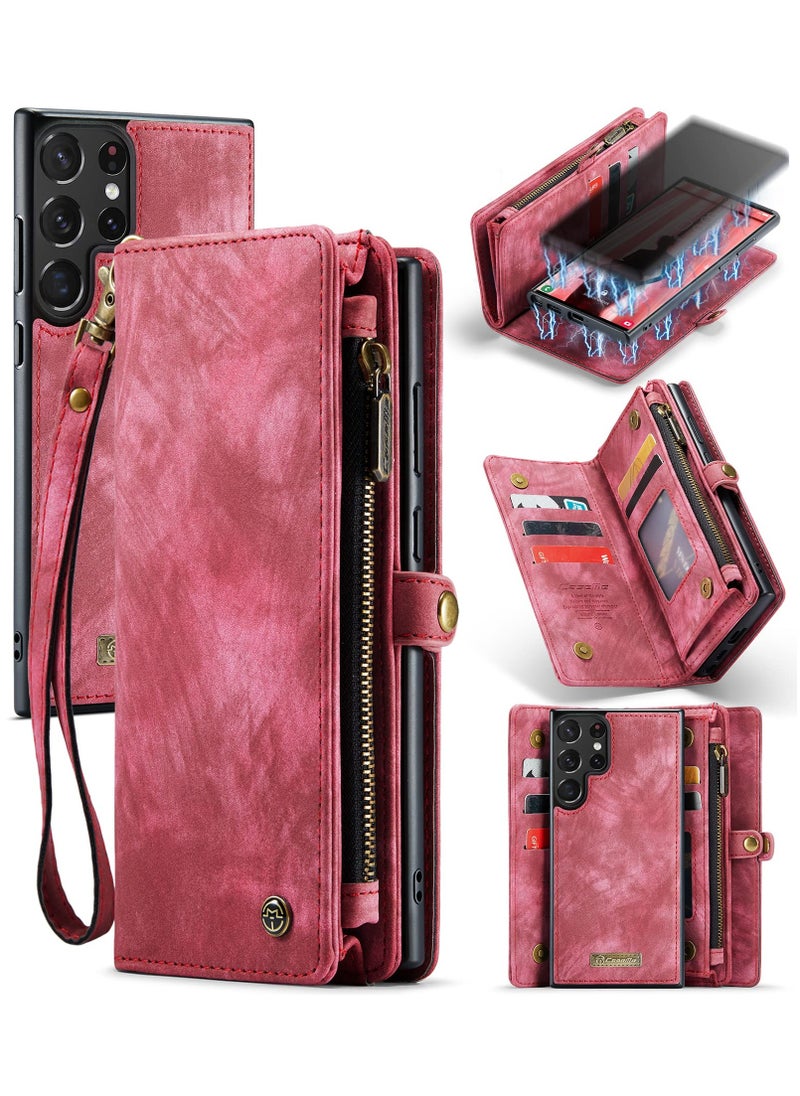 CaseMe For Samsung Galaxy S23 Ultra Wallet Case, Zipper Purse Folio Leather Wallet with Card Holder Wrist Strap, 2-in-1 Detachable Magnetic Shockproof Full Body Protective Back Cover (Red)  - Image 1