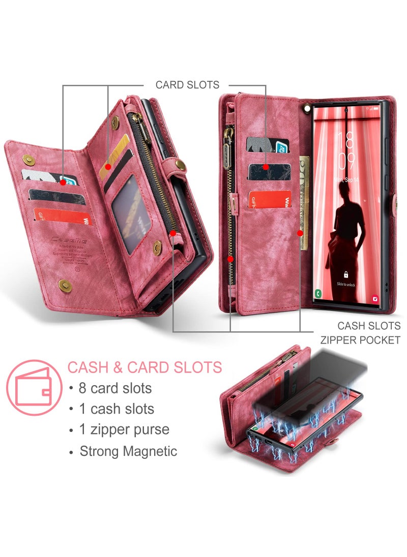 CaseMe For Samsung Galaxy S23 Ultra Wallet Case, Zipper Purse Folio Leather Wallet with Card Holder Wrist Strap, 2-in-1 Detachable Magnetic Shockproof Full Body Protective Back Cover (Red)  - Image 2