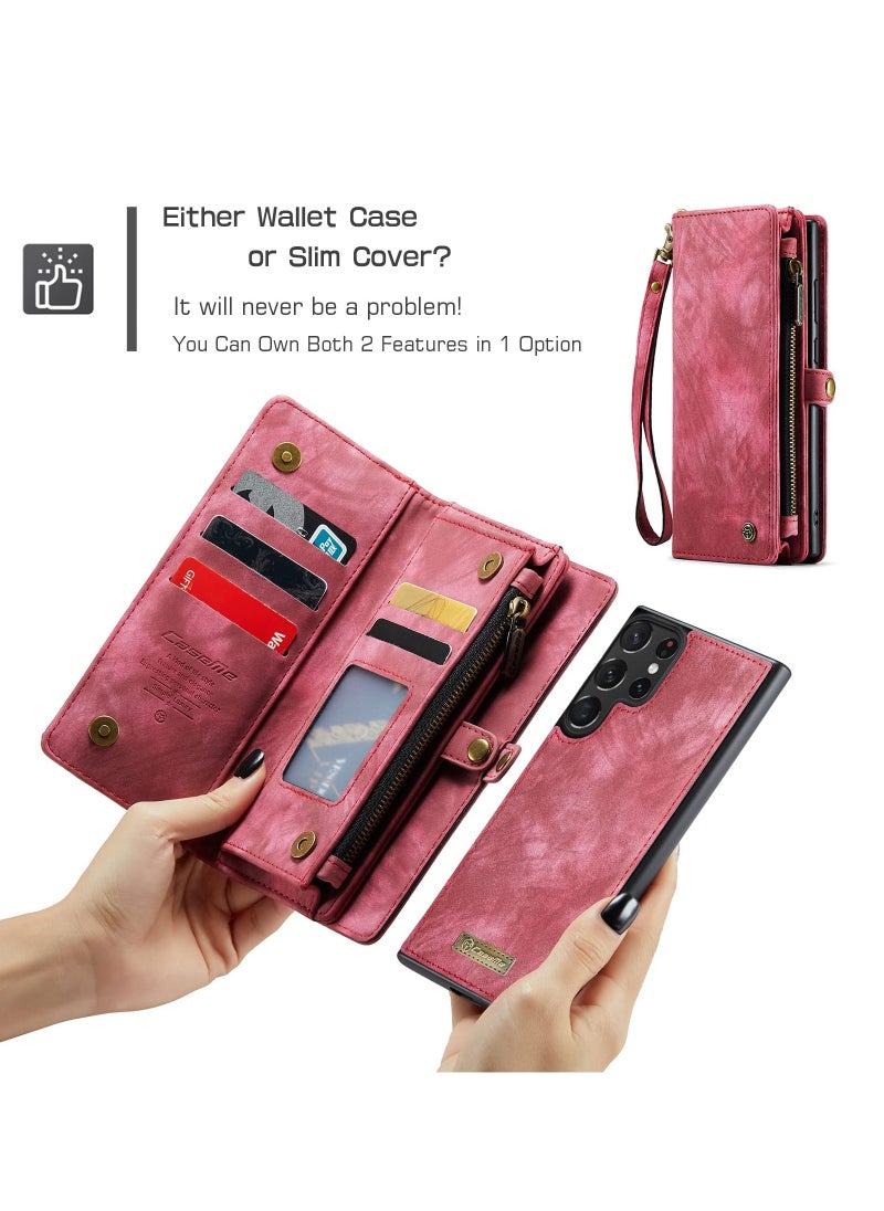 CaseMe For Samsung Galaxy S23 Ultra Wallet Case, Zipper Purse Folio Leather Wallet with Card Holder Wrist Strap, 2-in-1 Detachable Magnetic Shockproof Full Body Protective Back Cover (Red)  - Image 3