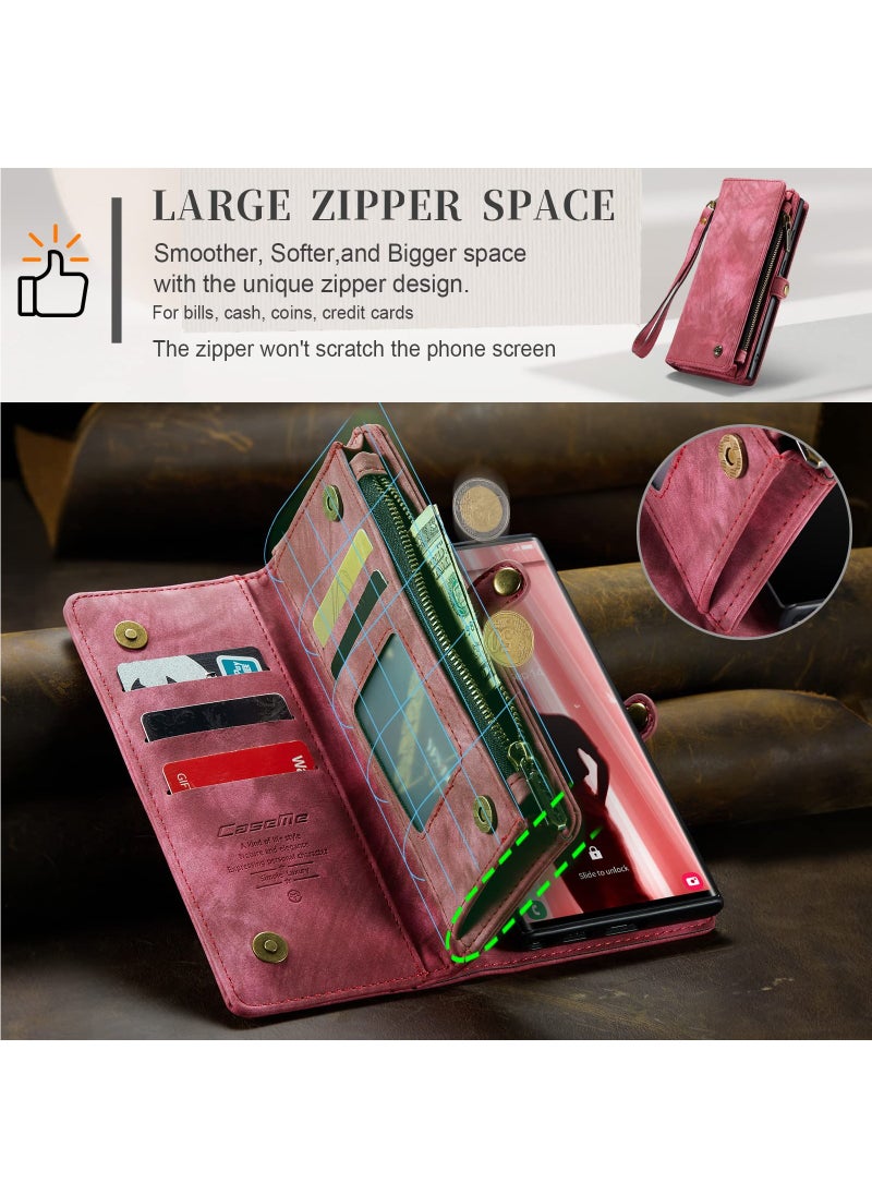 CaseMe For Samsung Galaxy S23 Ultra Wallet Case, Zipper Purse Folio Leather Wallet with Card Holder Wrist Strap, 2-in-1 Detachable Magnetic Shockproof Full Body Protective Back Cover (Red)  - Image 4