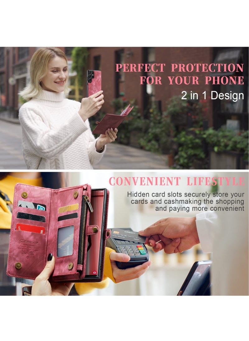 CaseMe For Samsung Galaxy S23 Ultra Wallet Case, Zipper Purse Folio Leather Wallet with Card Holder Wrist Strap, 2-in-1 Detachable Magnetic Shockproof Full Body Protective Back Cover (Red)  - Image 5