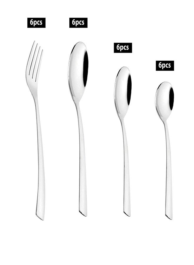 MARWALL 24 Piece Set Stainless Steel Cutlery Set, Spoon & Fork (Contains: 6 Table Spoons, 6 Tea Spoons, 6 Desert Forks, 6 Dessert Spoons), Silver - Image 2