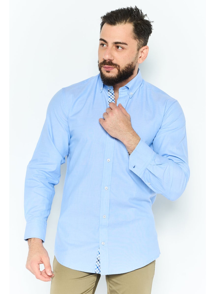 Tailorbyrd Men Regular Fit Embroidered Logo Long Sleeves Casual Shirt, Blue  - Image 1