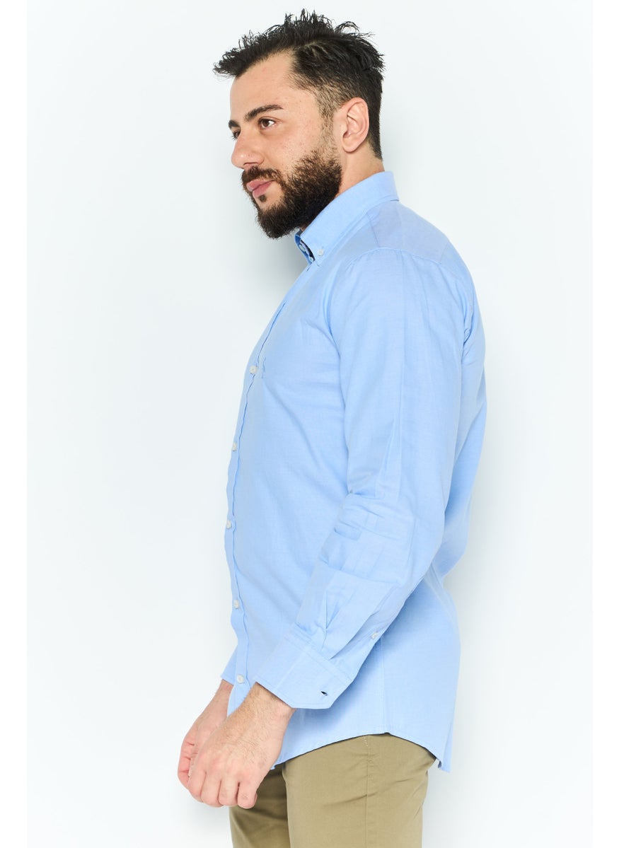 Tailorbyrd Men Regular Fit Embroidered Logo Long Sleeves Casual Shirt, Blue  - Image 2