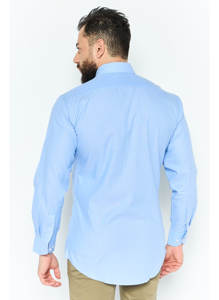 Tailorbyrd Men Regular Fit Embroidered Logo Long Sleeves Casual Shirt, Blue  - Image 3